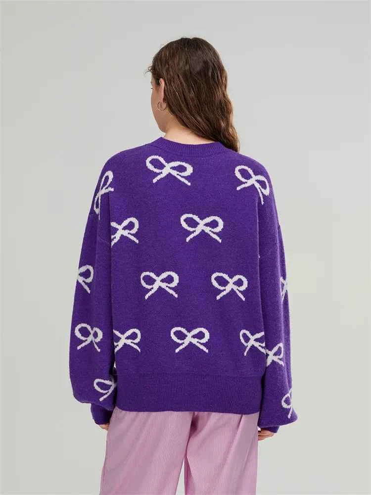 Cozy Chill Season Bow Print Long Sleeve Sweater