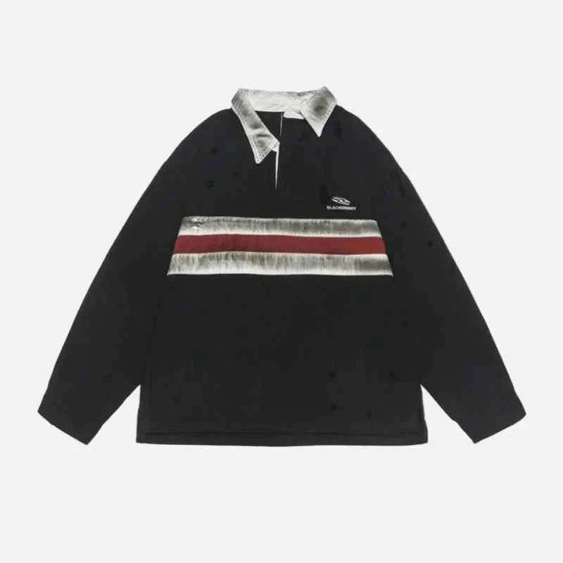Ripped Retro Long Sleeve Polo Collar T-Shirt