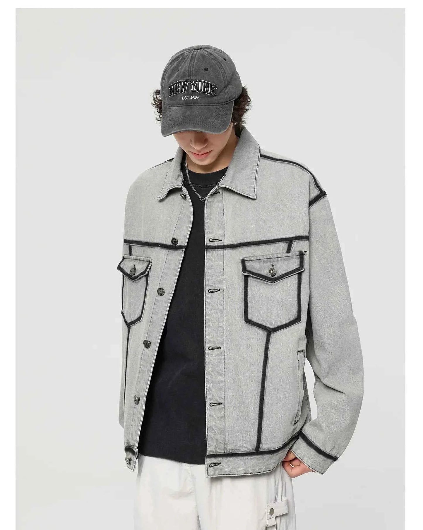 Gray Korean Style Vintage Motorcycle Denim Jacket