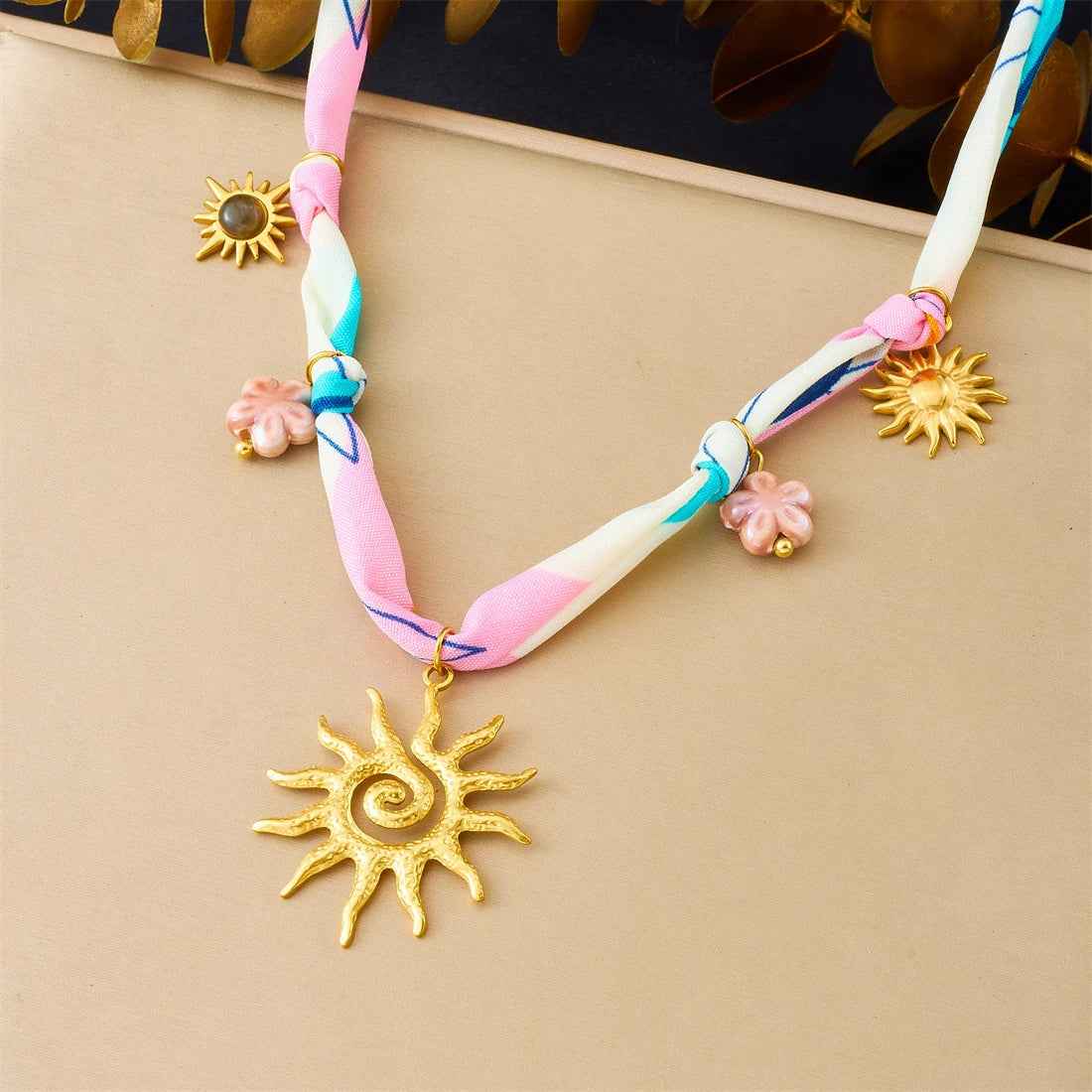 Golden Sun Totem Ceramic Flower Necklace