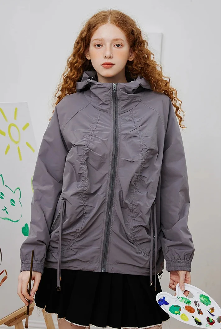 Minimalist Pleated Loose Fit Hooded Windbreaker Jacket - Luxuryurbanwear