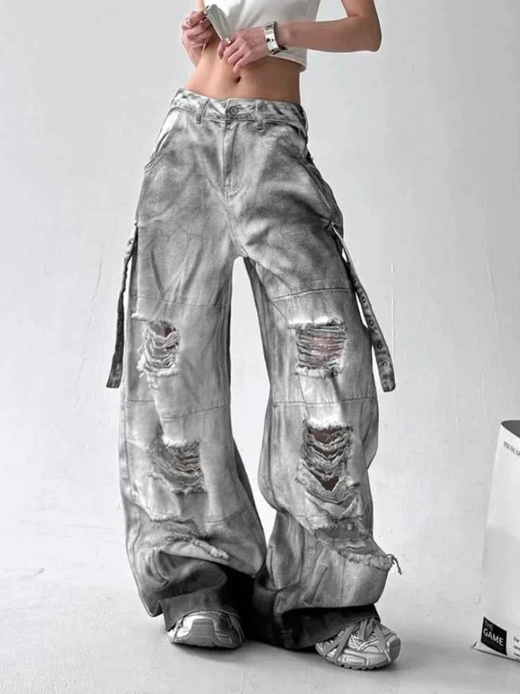 Cyber Grunge Washed White Baggy Jeans