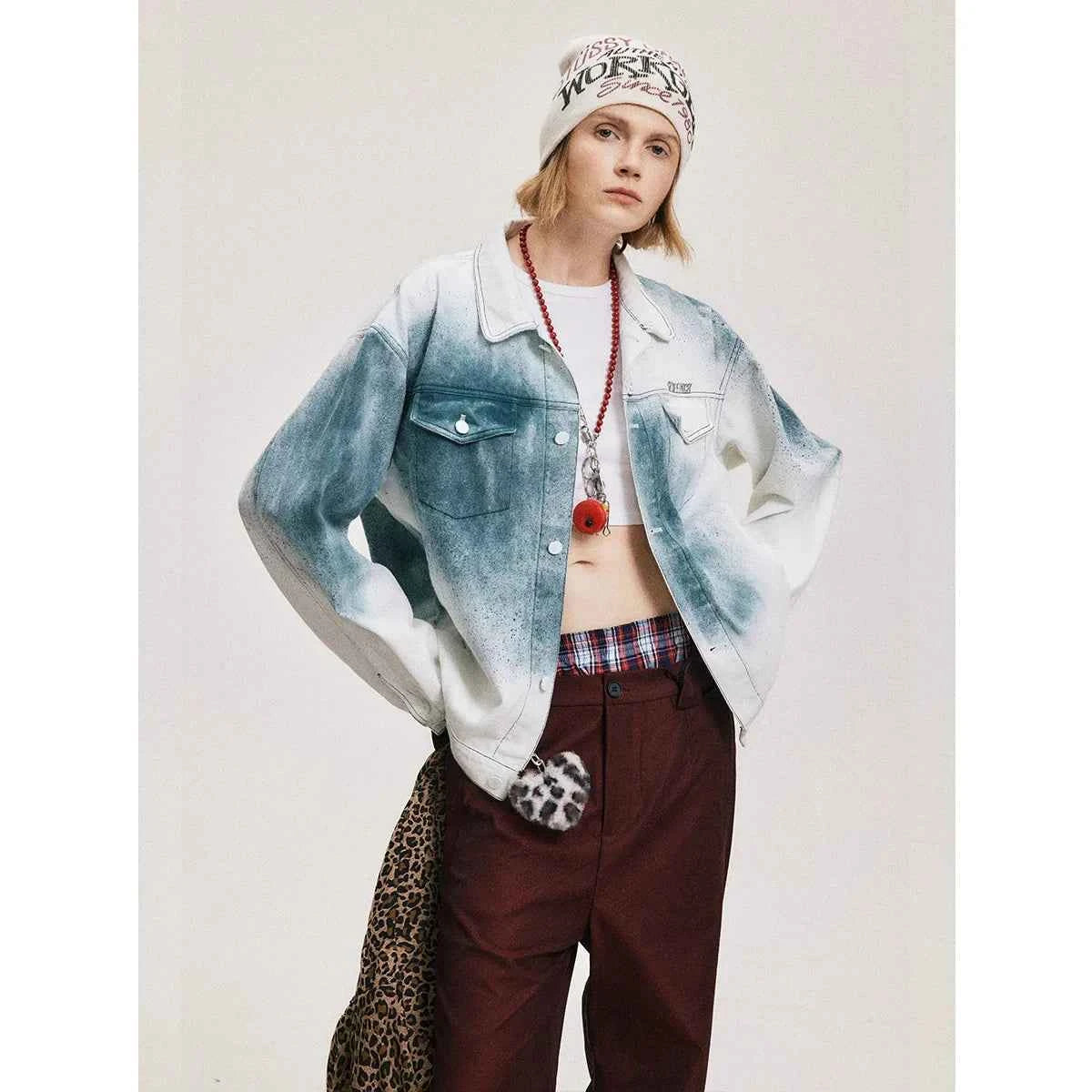 Flattering White Tie Dye Hip Hop Denim Jacket