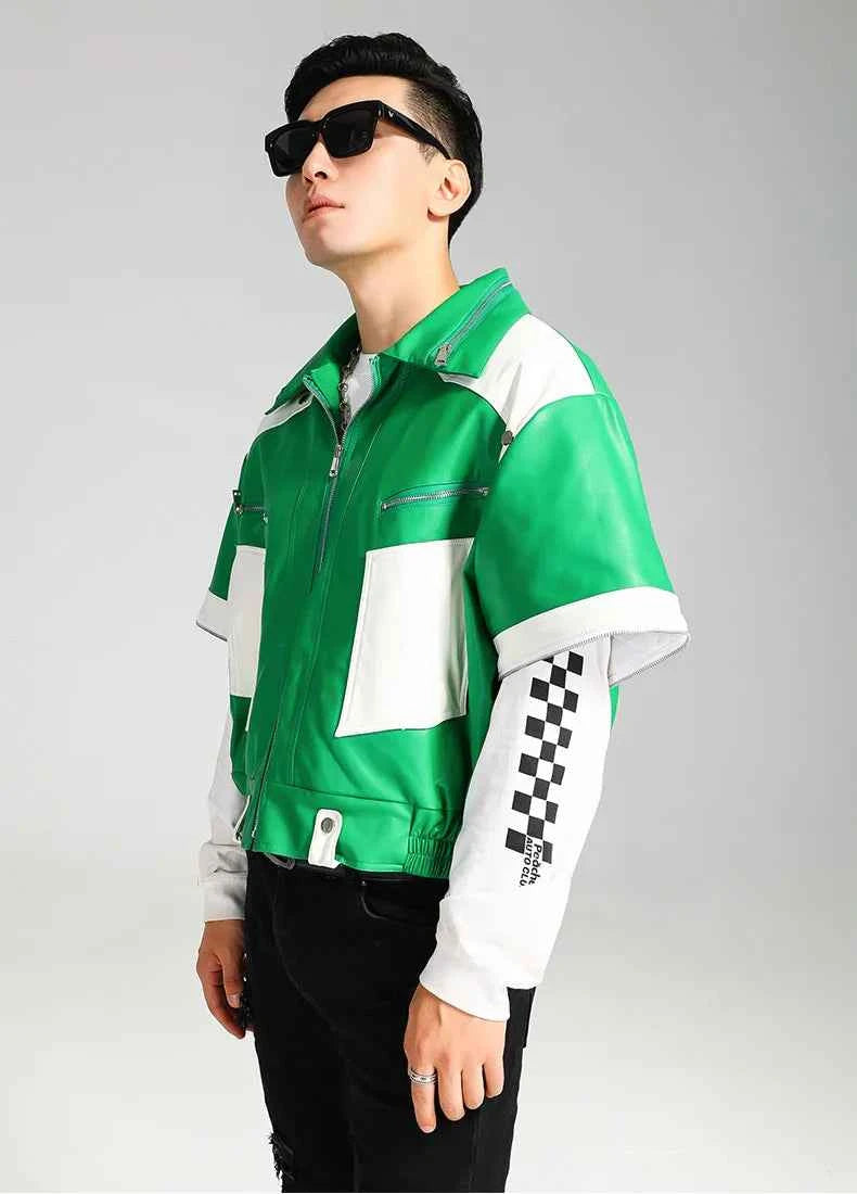 Cool Green Block Pu Leather Jacket