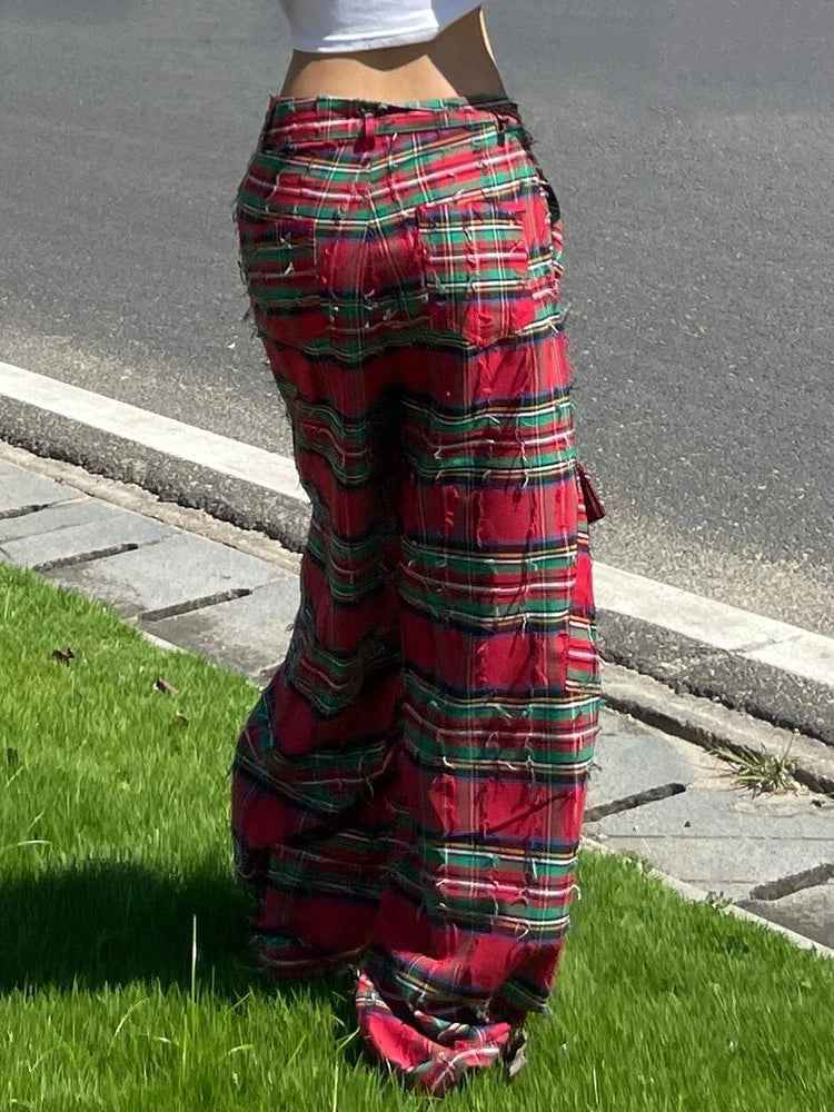 Durable Red Block Plaid Ripped Pants