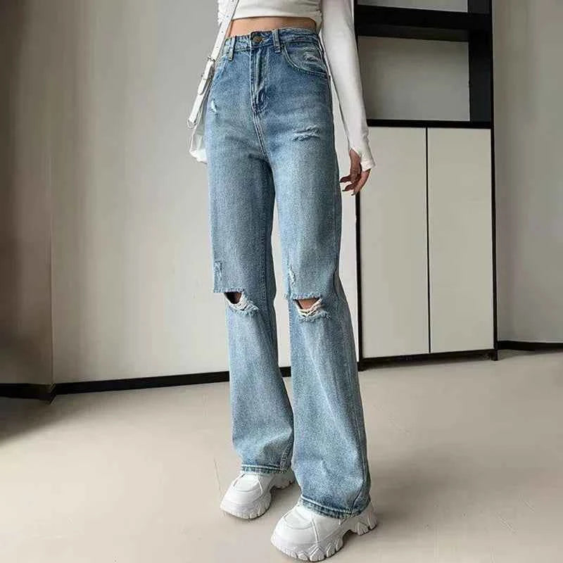 Chic Korean Style Light Blue Ripped Jeans