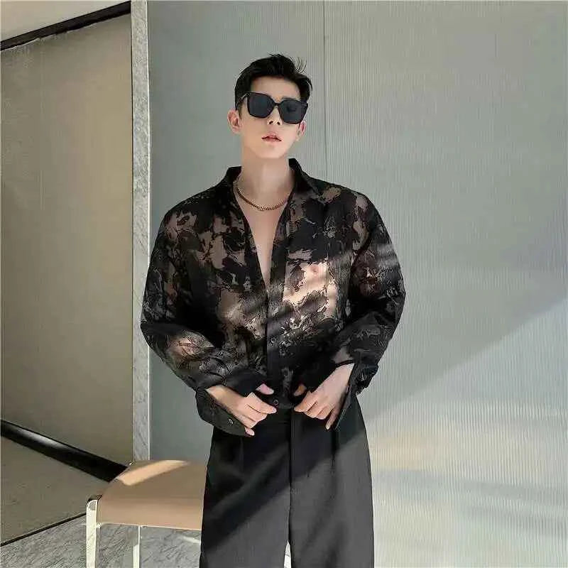 Men Translucent Printed Long Sleeve Shirt
