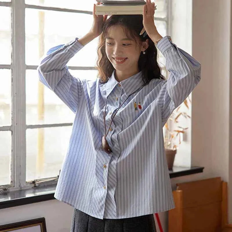 Women Classic Chic Vintage Striped Embroidered Shirt