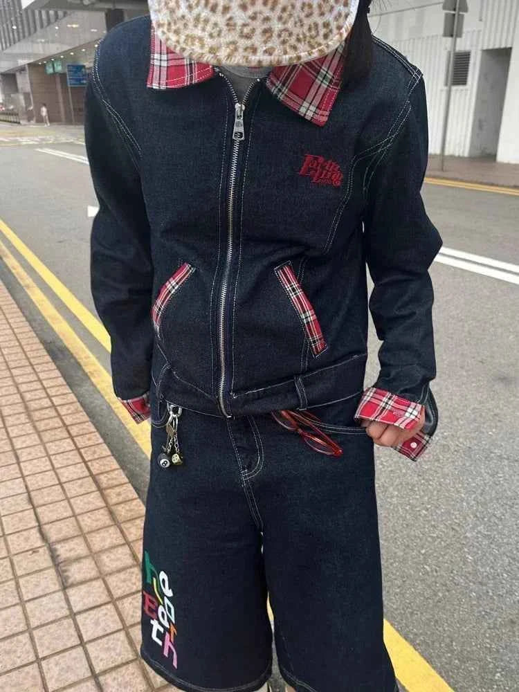 Women Retro Embroidered Plaid Denim Jacket