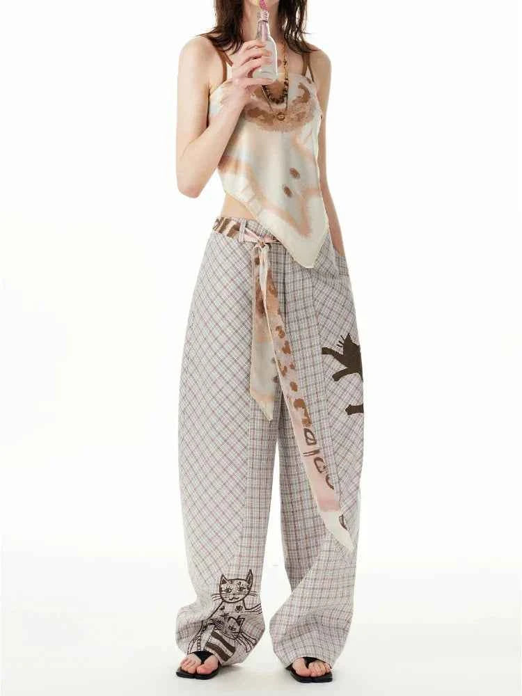 Comfort Plaid Cat Print Retro Sweatpants