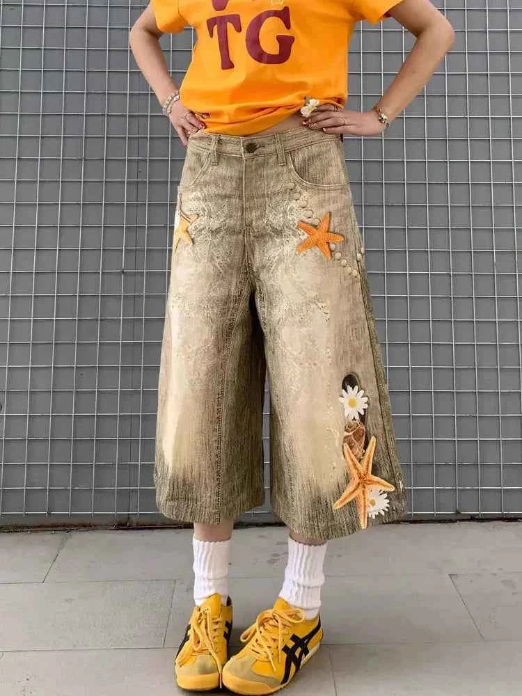 Cozy Oversized Star Washed Denim Jorts