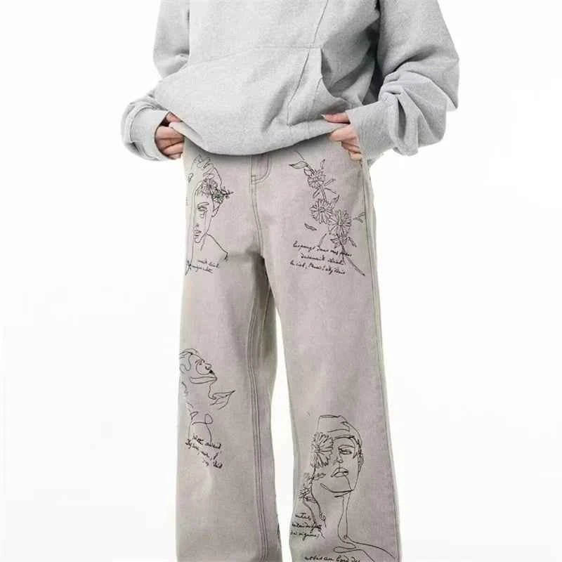 Distressed American Retro Graffiti Graphic Denim Jeans