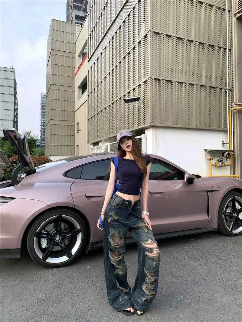 Breathable Washed Ripped High-Waist Jeans