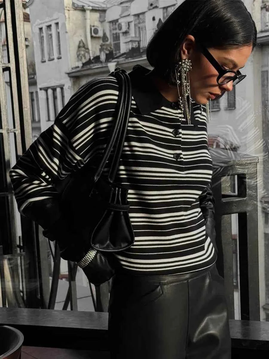 Streetwear Vintage Striped Knitted Polo Collar T-Shirt