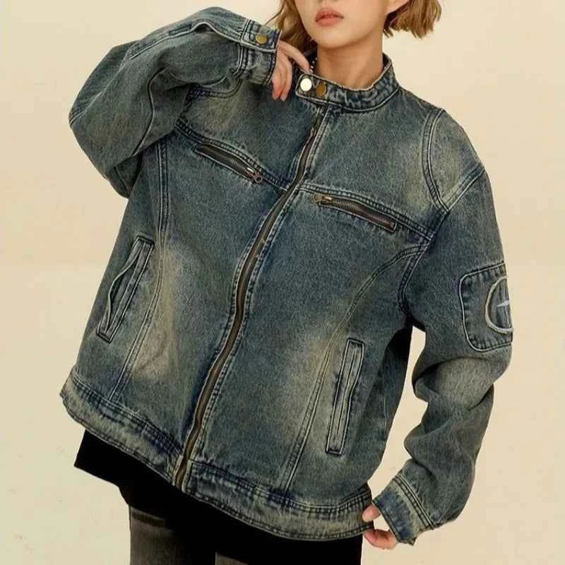 Loose Blue Denim Jacket with Pockets