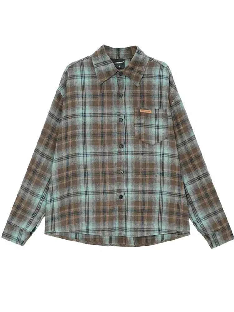 Streetwear Cool Plaid Lapel Autumn Vintage Shirt