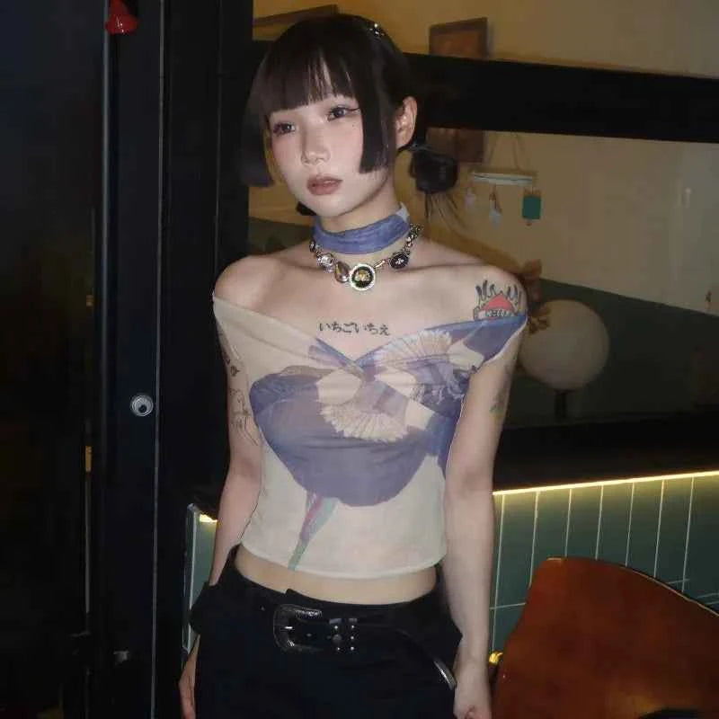 Vintage Tattoo Print Mesh Off-Shoulder T-Shirt