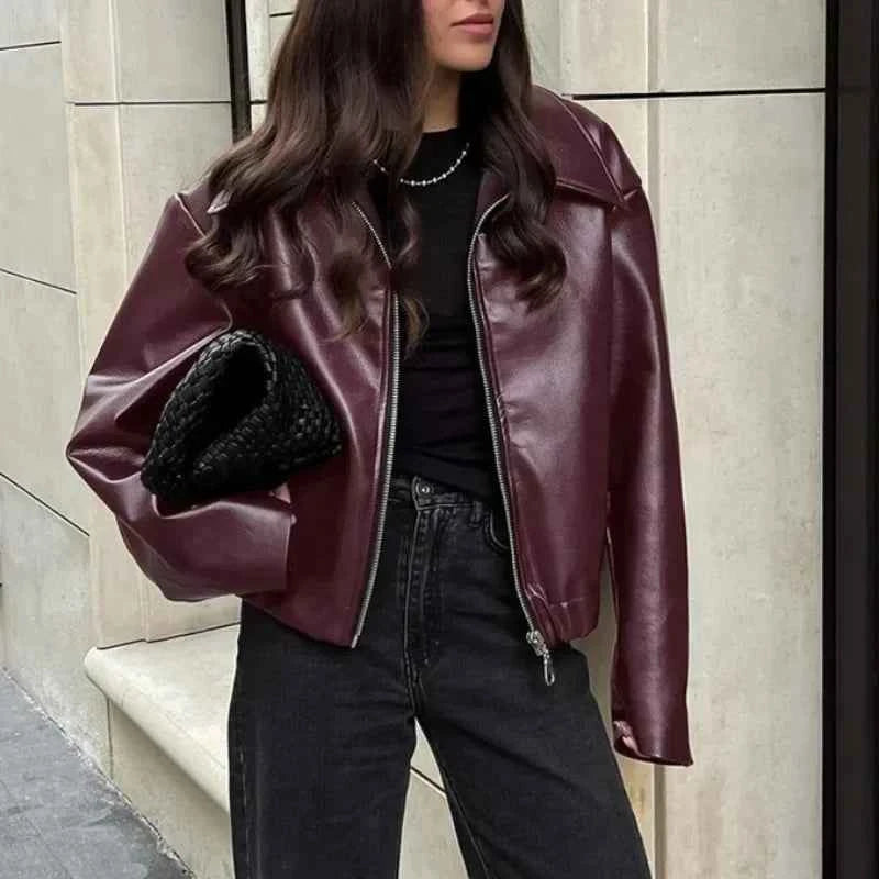 Women Retro Motorcycle Style Red Leather Jacket