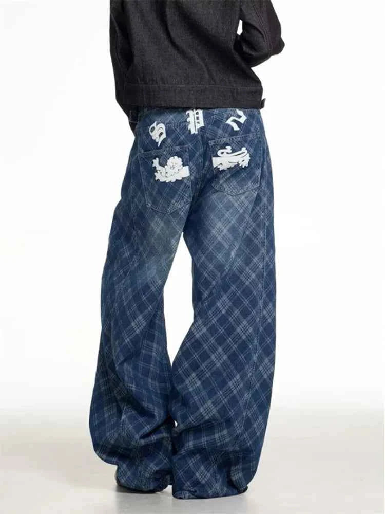 Blue Oversized Letter Print Wide Leg Jeans