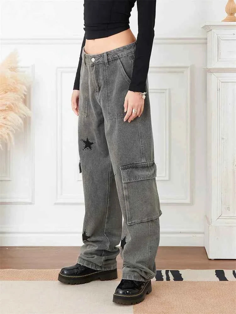 Gothic Star Graphic Denim Cargo Pants