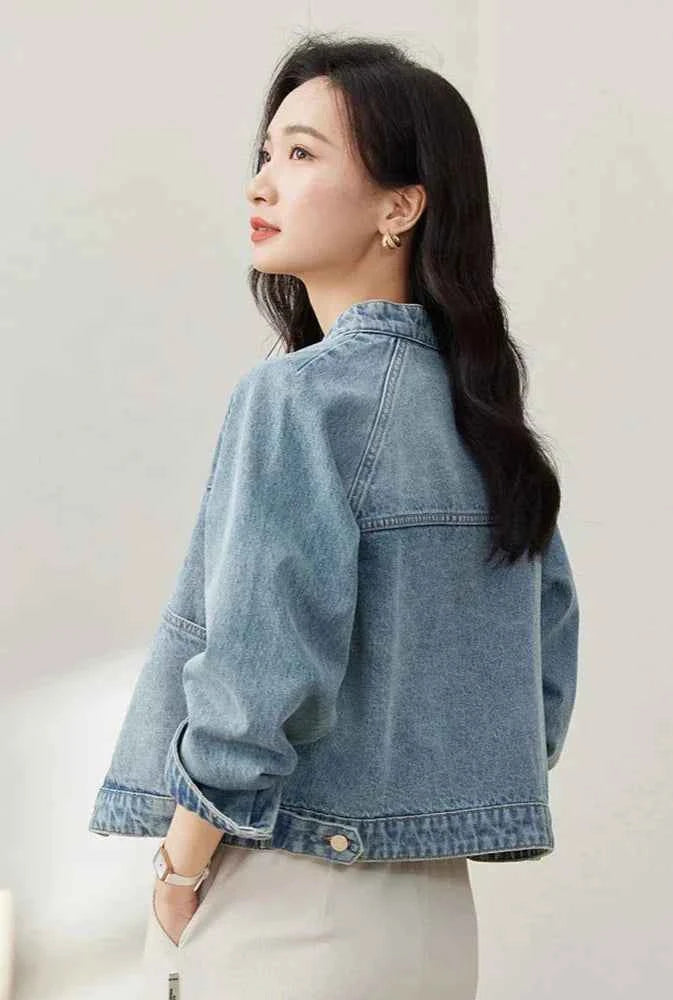 Stylish Stand Collar Denim Jacket Jeans