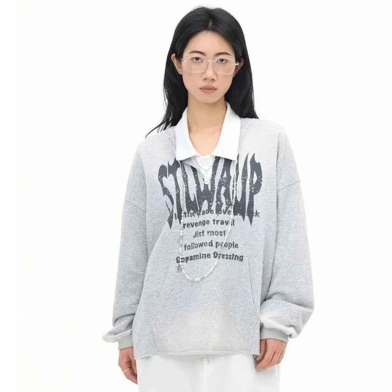 Y2K Retro Gray Letter Print Long Sleeve Shirt