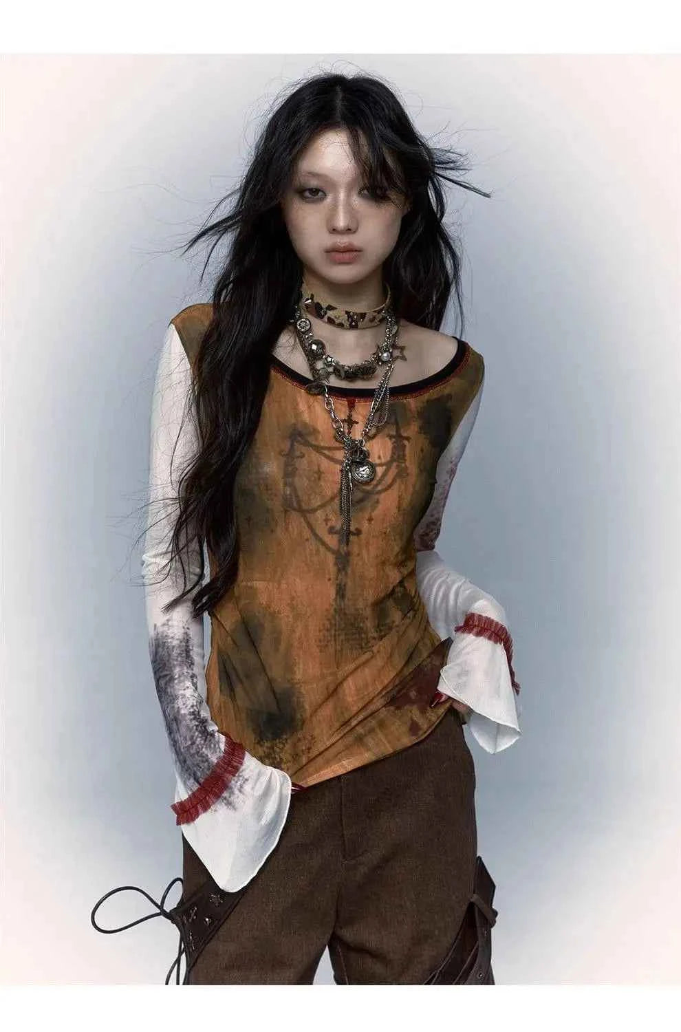 Gothic Patchwork Mesh Long Sleeve T-Shirt