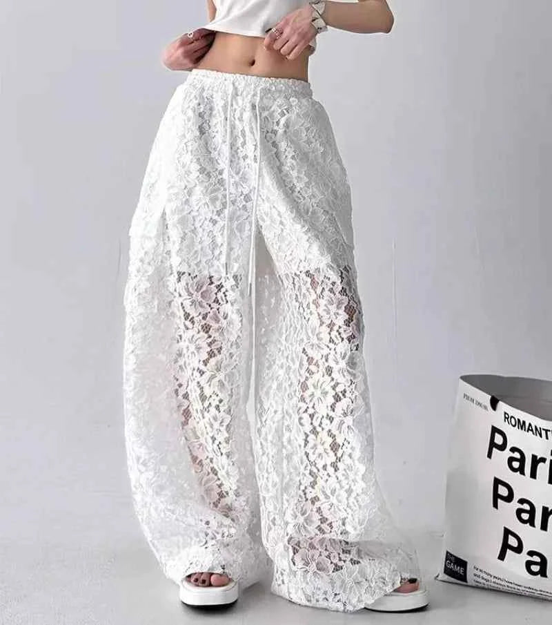 Women Solid Color Lace Hollow Wide Leg Pants