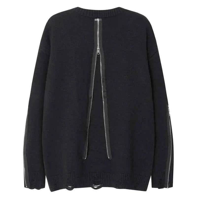 Streetwear Distressed Chain Detail Zipper Knit Sweater