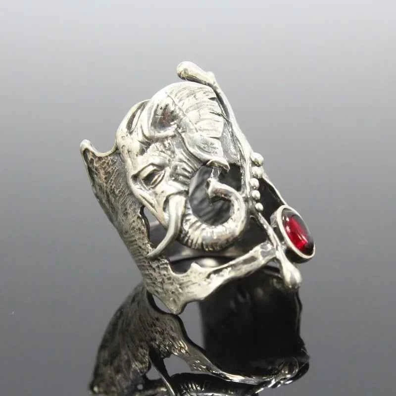 Exaggerated Vintage African Elephant Red Stone Rings