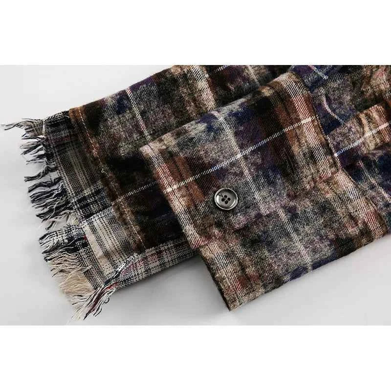 Distressed Plaid Tie Dyed Color Long Sleeve Shirt