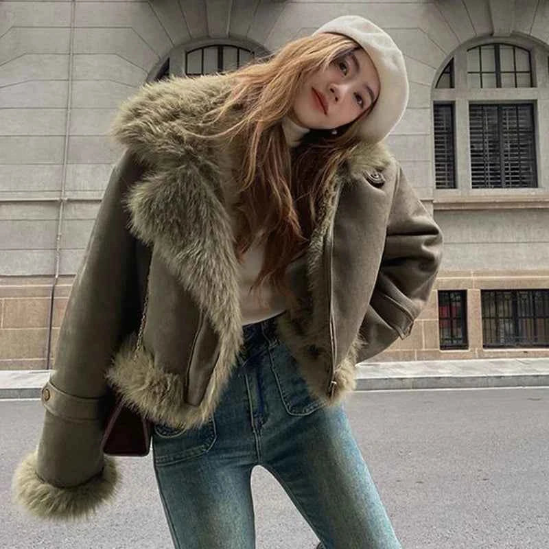 Women Classic Warm Faux Suede Zipper Leather Jacket