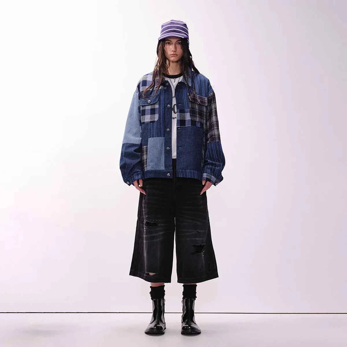 Versatile Retro Blue Casual Patchwork Denim Jacket