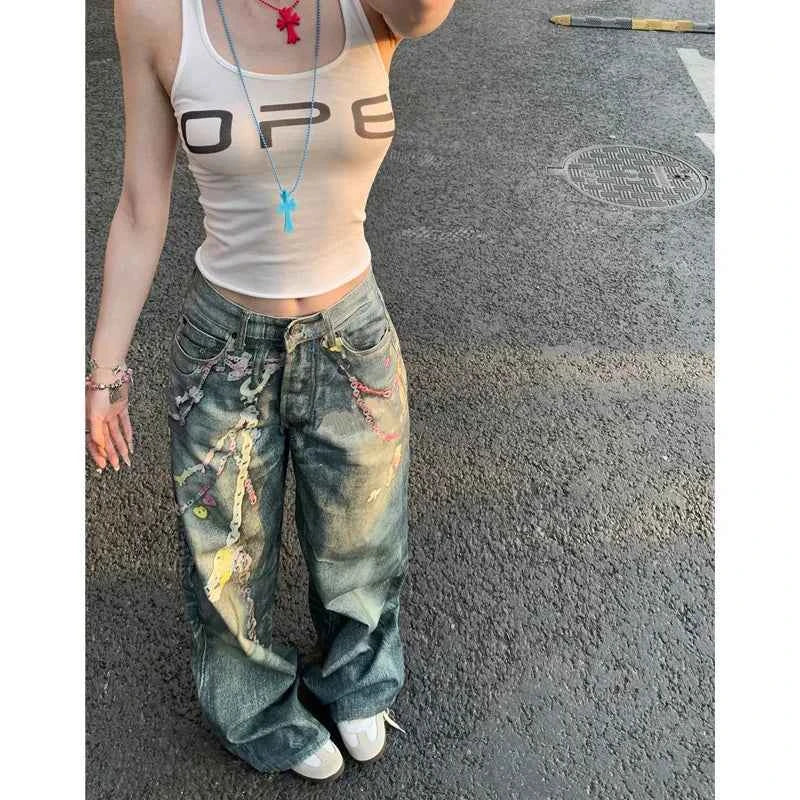 Chic Retro High Waisted Chain Print Jeans