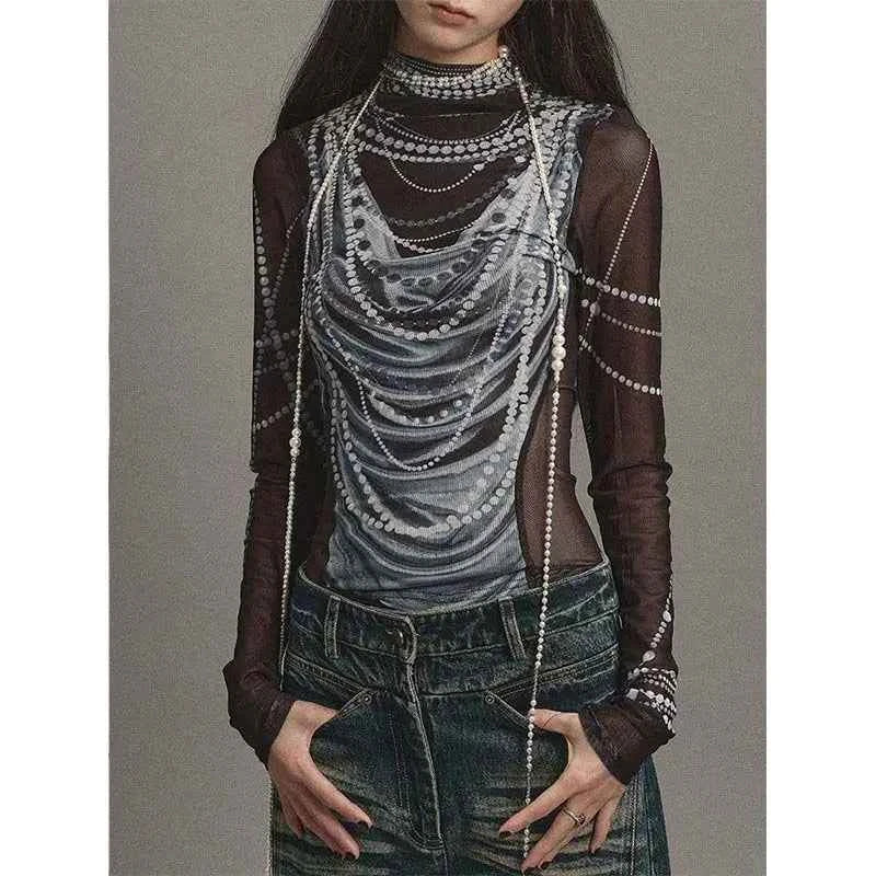 Elegant American Summer Printed Gauze T-shirt