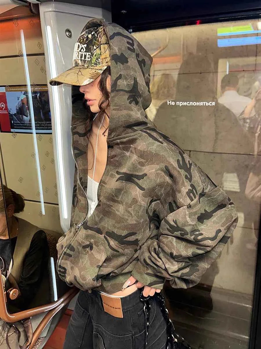 Reddachic Camo Hooded Oversized Sweatshirt