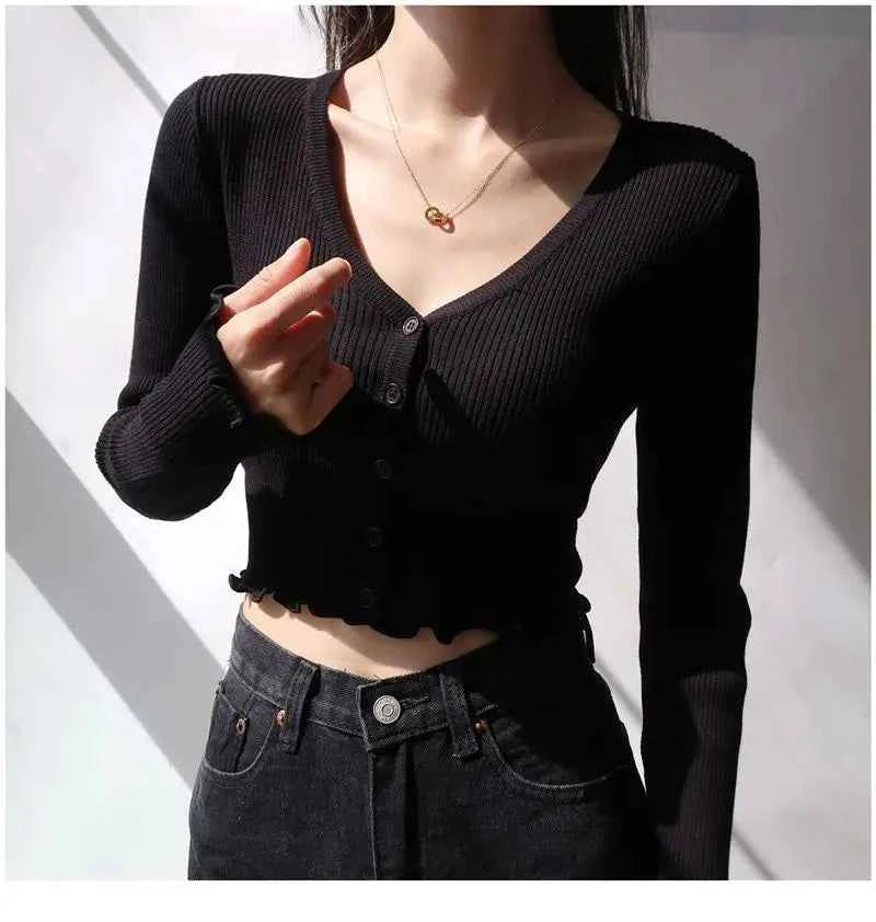 Women Chic Knitted V-Neck Crop Cardigan