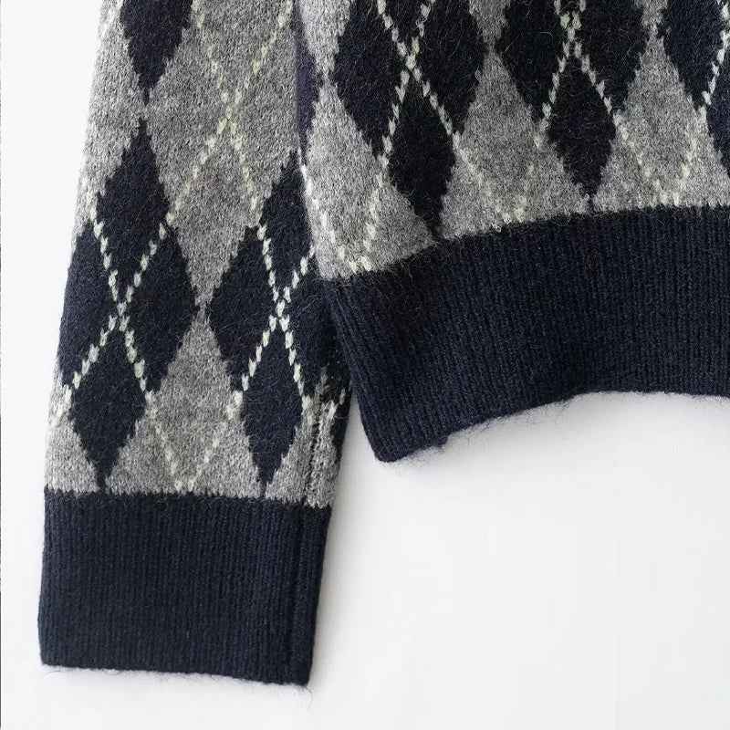 Vintage Argyle Plaid Knitted Casual Sweater