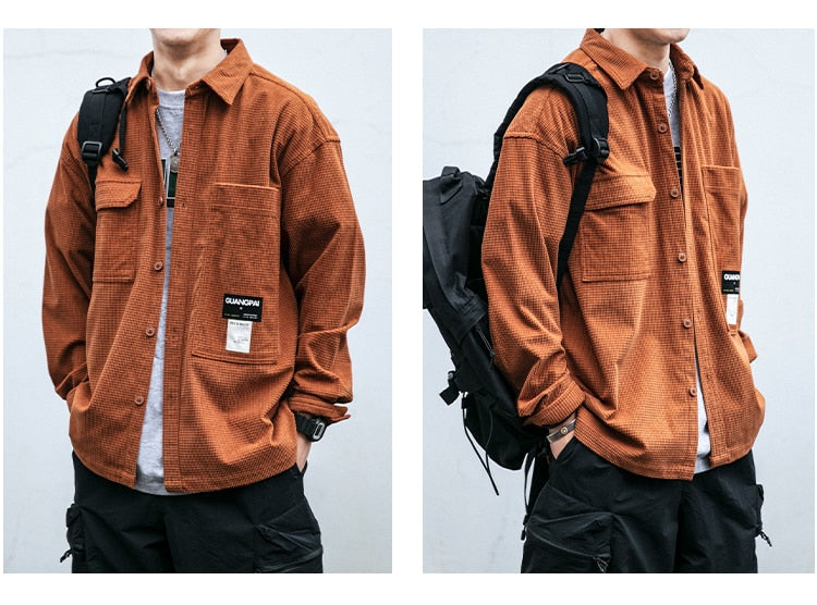 Corduroy Waffle Plaid Semi Collar Overshirt