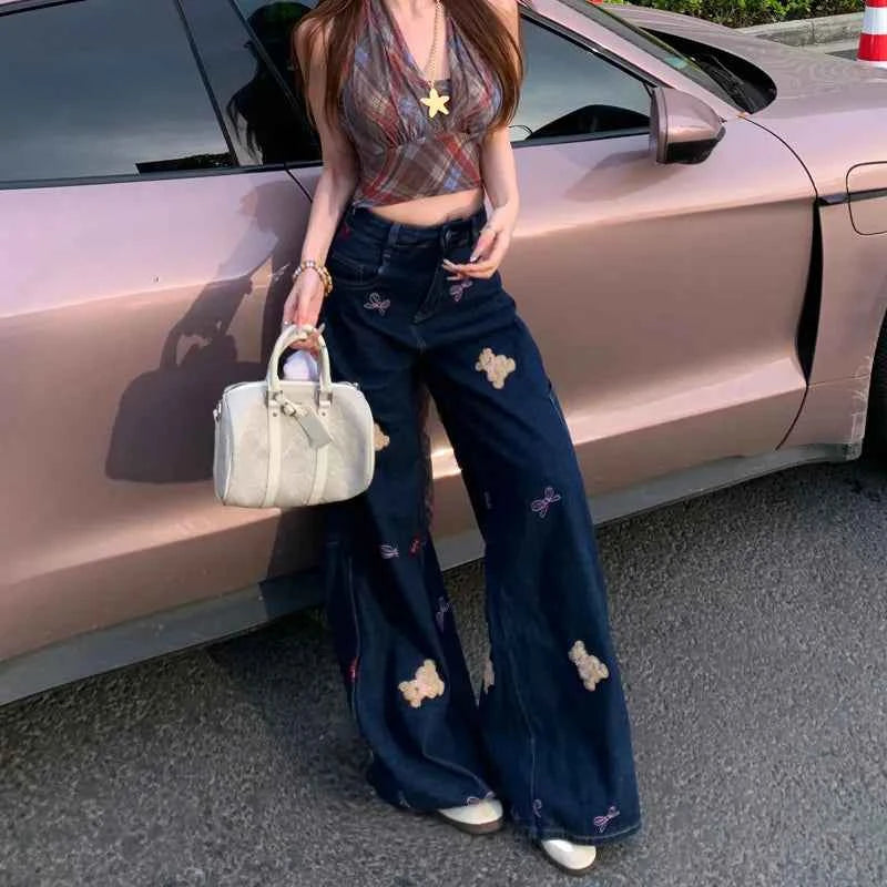 Retro Premium Bear Print Wide Leg Jeans