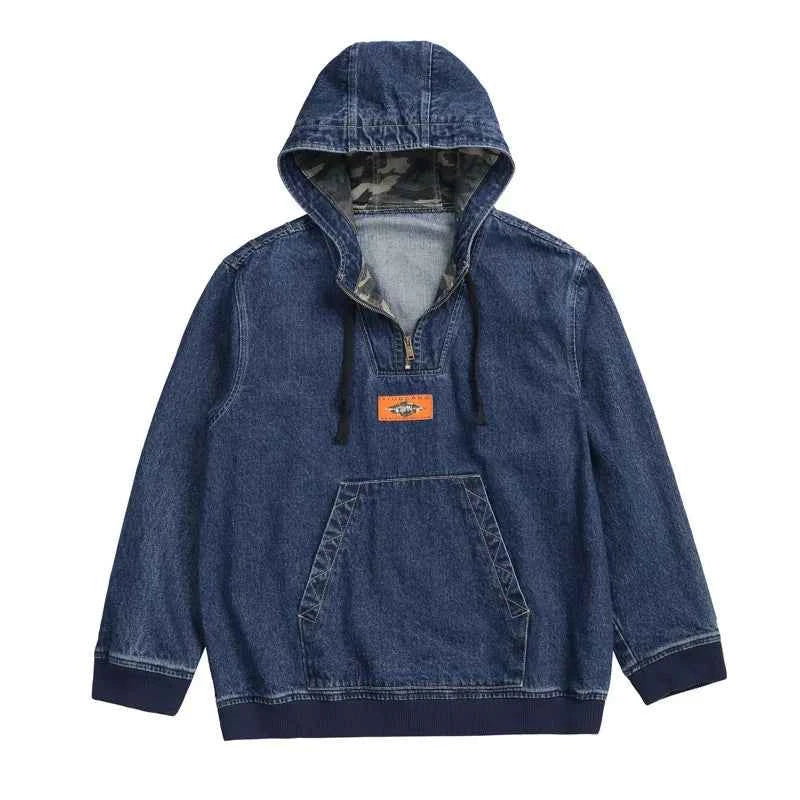Streetwear Casual Loose Half Zipper Denim Hoodie