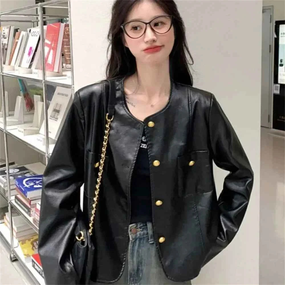 Women Retro Short Spring Leather Jacket