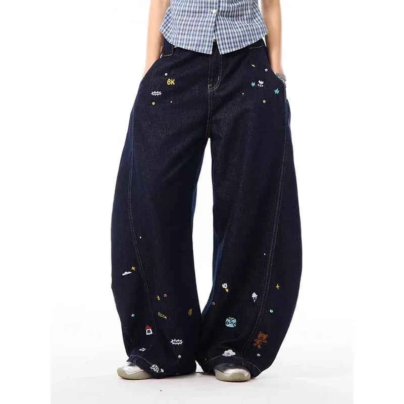 Comfortable Hip Hop Kpop Cartoon Print Wide Leg Jeans