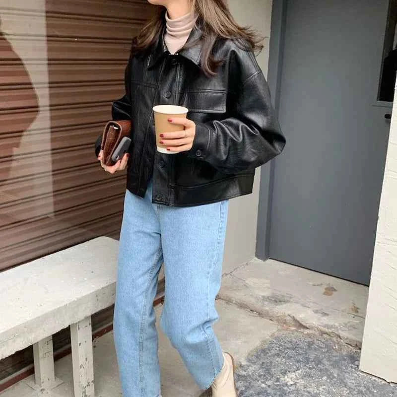 Women Classic Comfort Vintage Faux Fur Biker Leather Jacket