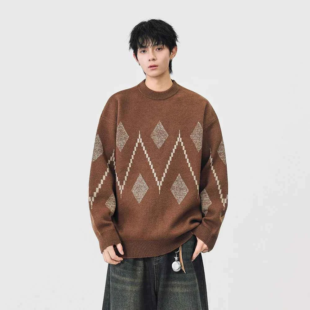 Cozy Argyle Knit Crew Neck Classic Sweater