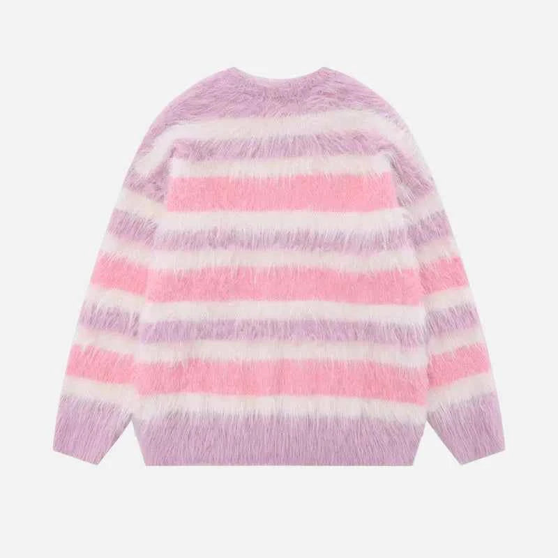 Streetwear Striped Knit Butterfly Pin Sweater