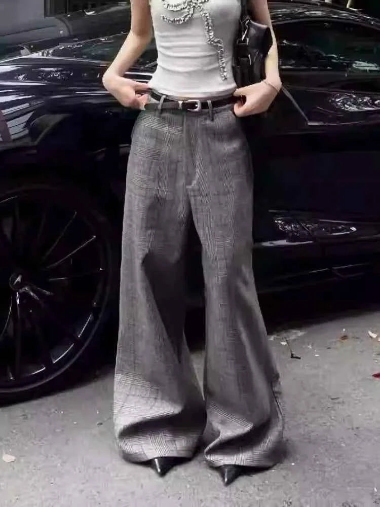 Minimal Look Gray Checkered Wide Leg Pants