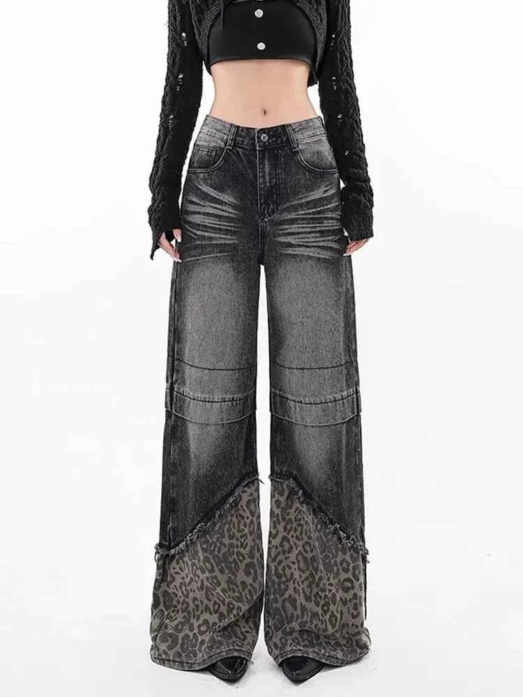 Minimal Look Leopard Spliced High Waist Jeans