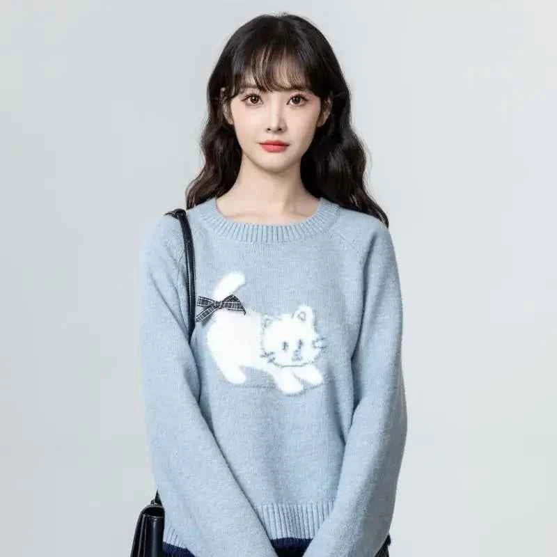 Women Retro Cute Blue Oversize Bow Sweater