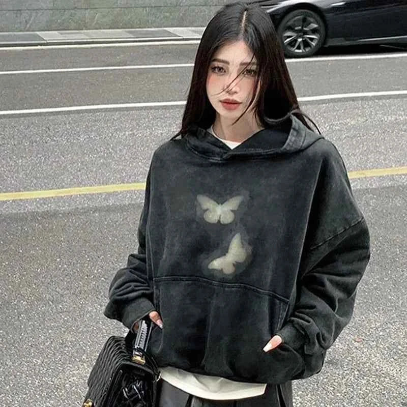 Butterfly Print Washed Black Oversized Hoodie
